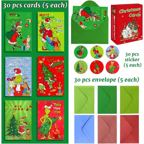 Grinch Christmas Cards Set of 30 w/ Envelopes & Stickers, Funny Holiday Greeting - Picture 6 of 8